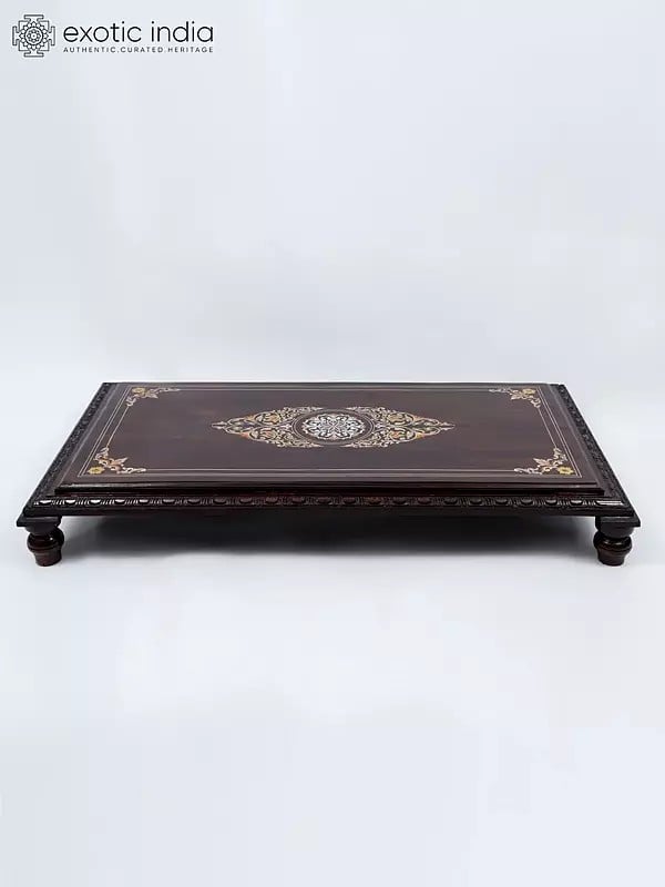 exotic india 48" Large Rectangular Shaped Wooden Chowki/Pedestal with Inlay Wrok 
