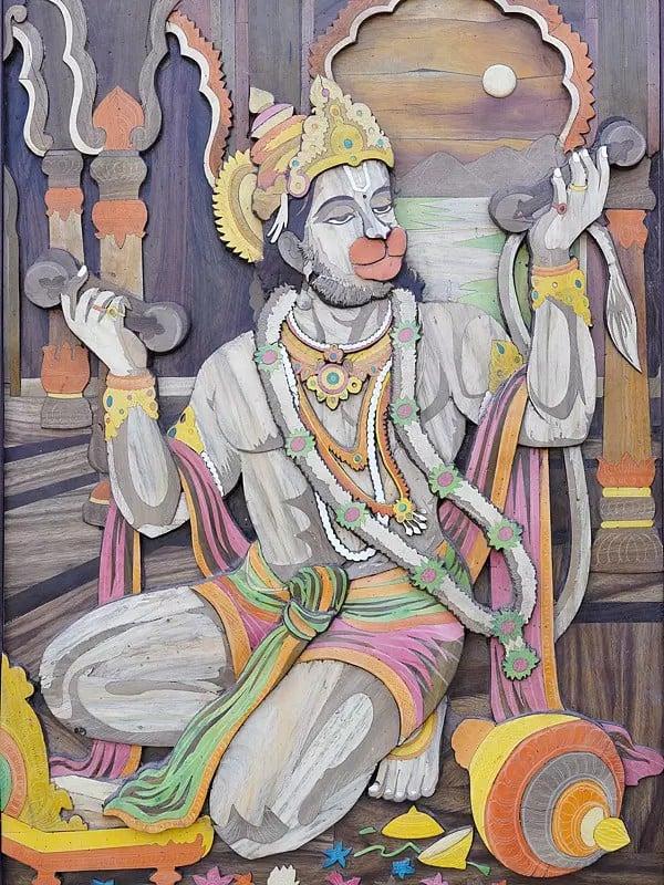 Exotic India 48" Large Shri Ram Bhakta Hanuman | 3D Wall Panel In Rosewood With Inlay Work 