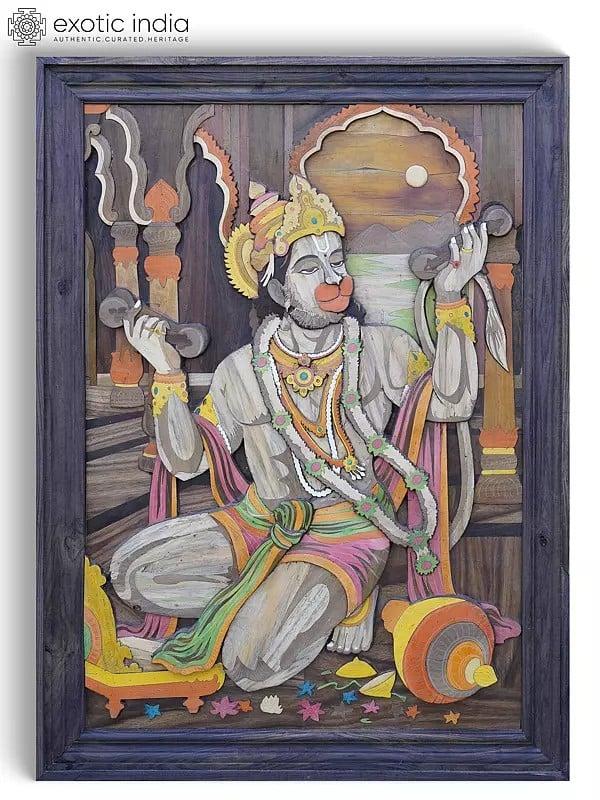 exotic india 48" Large Shri Ram Bhakta Hanuman | 3D Wall Panel in Rosewood with Inlay Work 