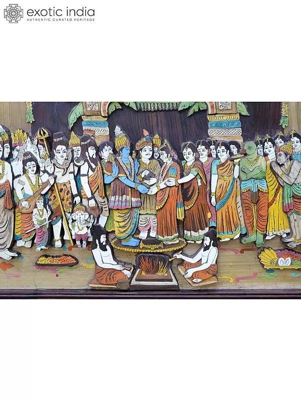 Exotic India 48" Large Srinivasa Kalyanam | Colorful 3D Wall Panel In Rosewood With Inlay Work 