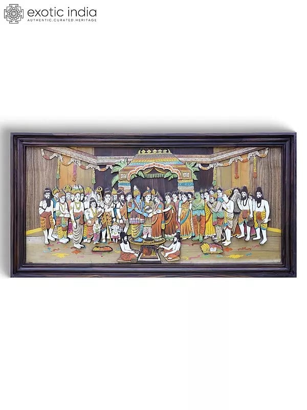 exotic india 48" Large Srinivasa Kalyanam | Colorful 3D Wall Panel in Rosewood with Inlay Work 