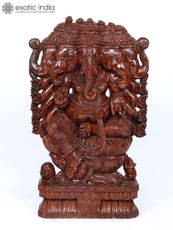 exotic india 48" Large Ten Armed Panchamukhi Lord Ganesha | Wood Carving 