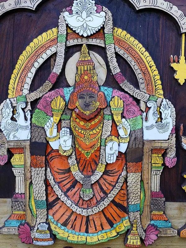 Exotic India 48" Large Tirupati Balaji (Venkateshvara) With Goddess Padmavathi | 3D Wall Panel In Rosewood With Inlay Work 