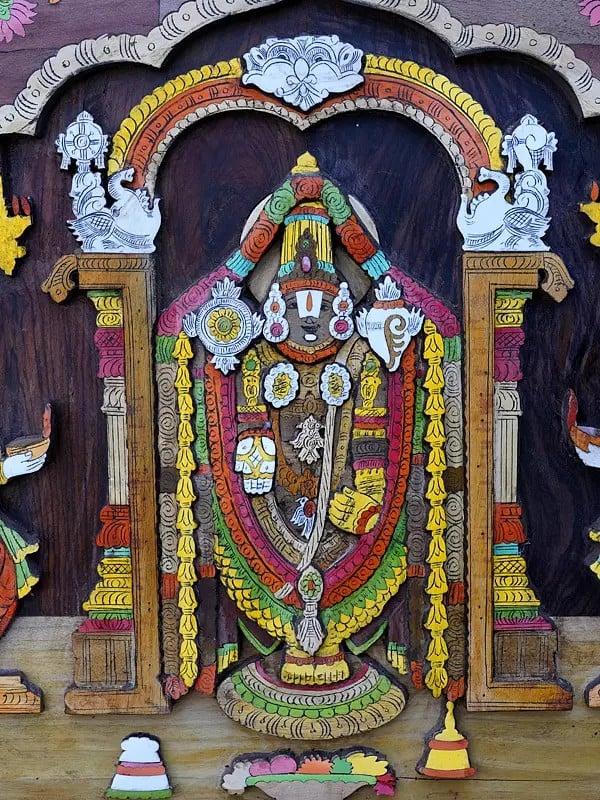 Exotic India 48" Large Tirupati Balaji (Venkateshvara) With Goddess Padmavathi | 3D Wall Panel In Rosewood With Inlay Work 