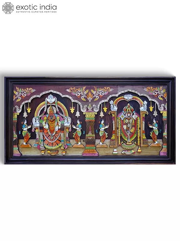 exotic india 48" Large Tirupati Balaji (Venkateshvara) with Goddess Padmavathi | 3D Wall Panel in Rosewood with Inlay Work 