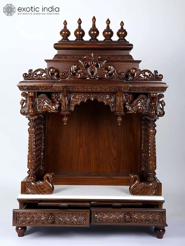 Exotic India 48" Large Wood Carved Designer Puja Temple With Double Drawers 