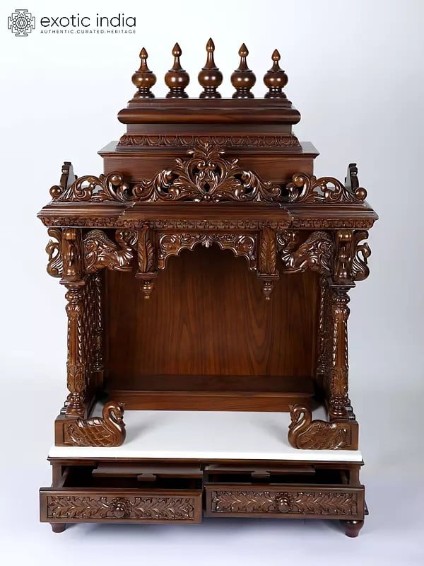 Exotic India 48" Large Wood Carved Designer Puja Temple With Double Drawers 