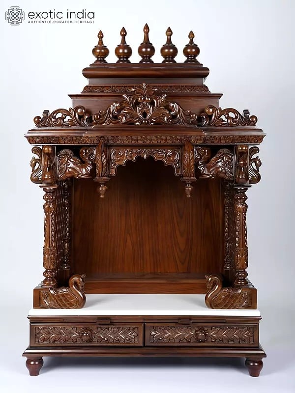 exotic india 48" Large Wood Carved Designer Puja Temple with Double Drawers 