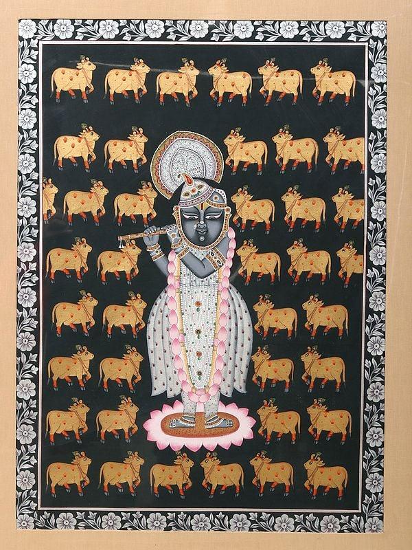 Exotic India 48" Shrinath Ji Surrounded By Kamdhenu Cow With Awesome Wood Frame | Watercolor On Cloth 