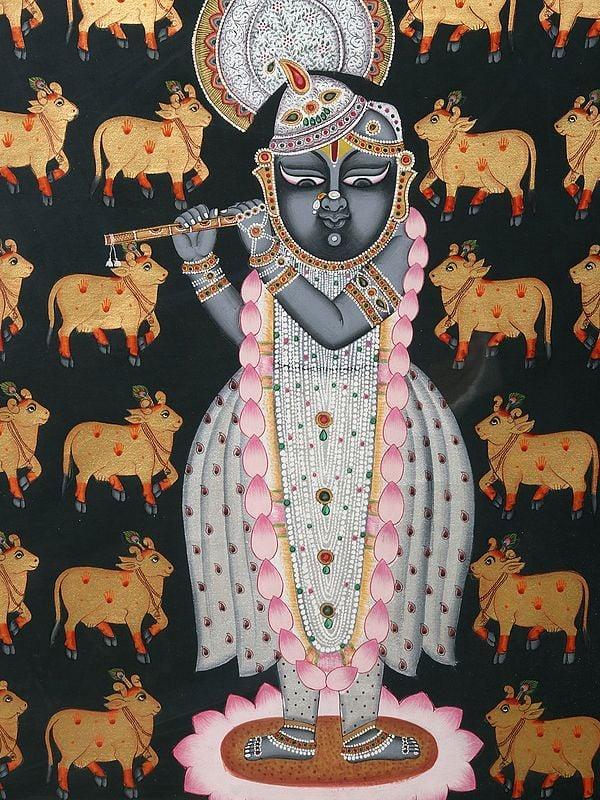 Exotic India 48" Shrinath Ji Surrounded By Kamdhenu Cow With Awesome Wood Frame | Watercolor On Cloth 