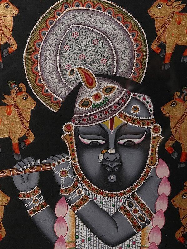 Exotic India 48" Shrinath Ji Surrounded By Kamdhenu Cow With Awesome Wood Frame | Watercolor On Cloth 