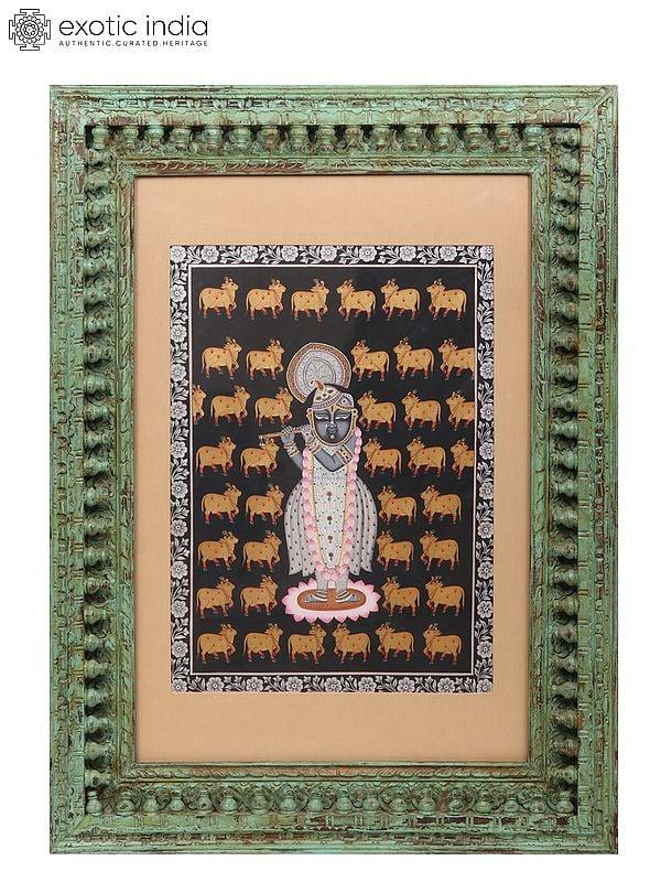 exotic india 48" Shrinath Ji Surrounded By Kamdhenu Cow With Awesome Wood Frame | Watercolor On Cloth