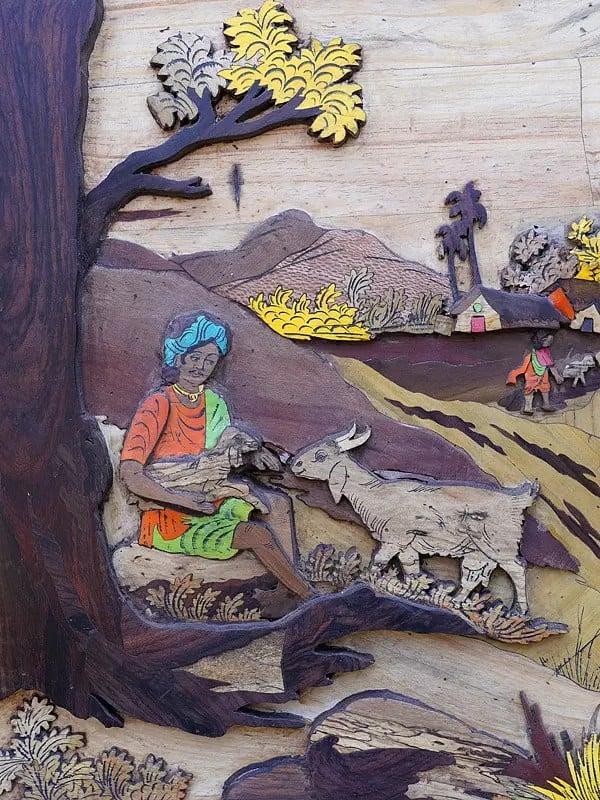 Exotic India 48" View Of Village Life | 3D Wall Panel In Rosewood With Inlay Work 