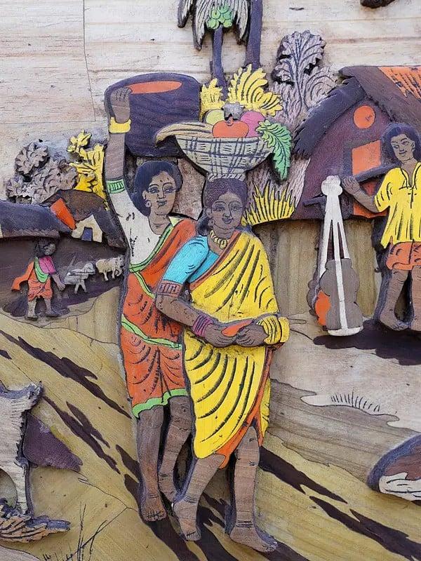 Exotic India 48" View Of Village Life | 3D Wall Panel In Rosewood With Inlay Work 