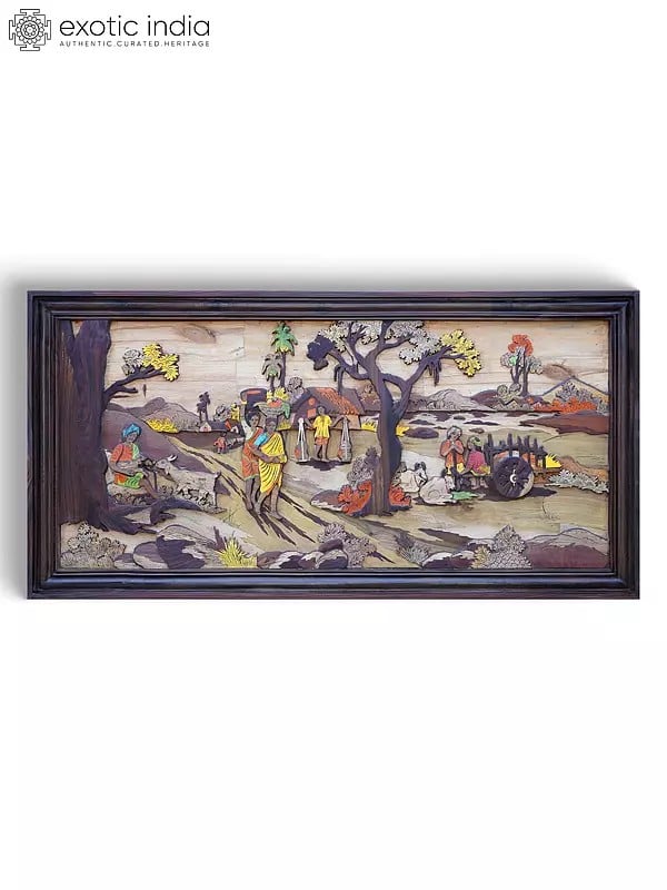 exotic india 48" View of Village Life | 3D Wall Panel in Rosewood with Inlay Work 