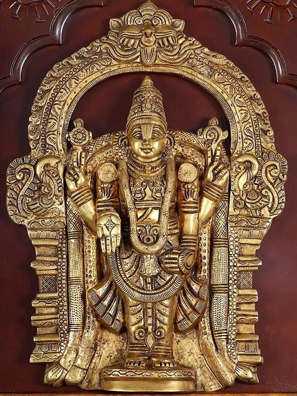 Exotic India 48" Wood Framed Venkateshvara (Tirupati Balaji) With Devi Padmavathi Brass Statues | Wall Hanging 