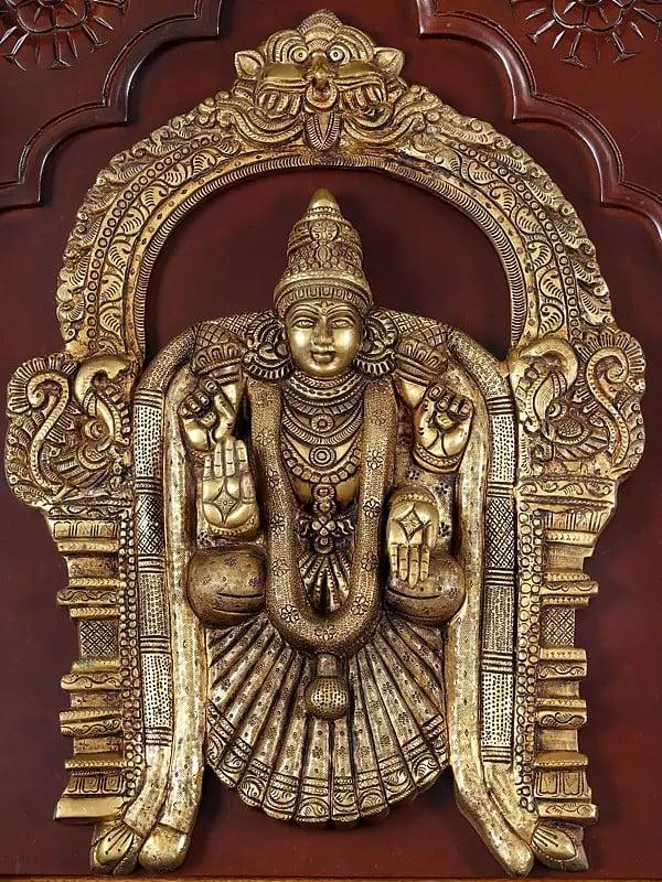 Exotic India 48" Wood Framed Venkateshvara (Tirupati Balaji) With Devi Padmavathi Brass Statues | Wall Hanging 