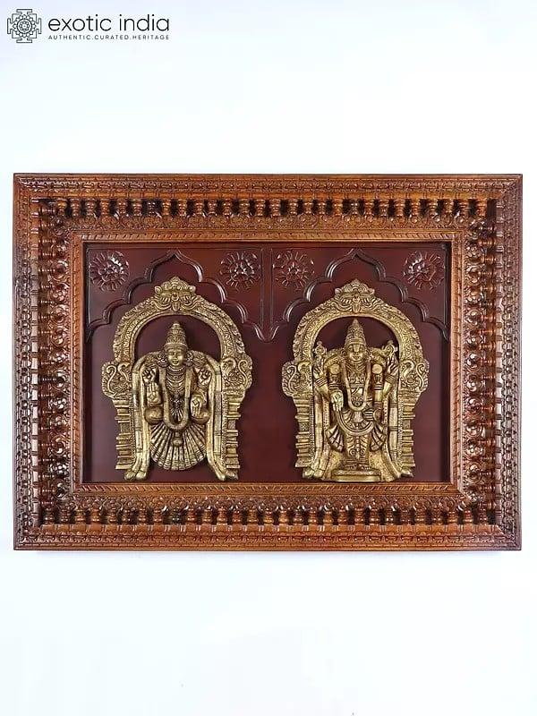 exotic india 48" Wood Framed Venkateshvara (Tirupati Balaji) with Devi Padmavathi Brass Statues | Wall Hanging 