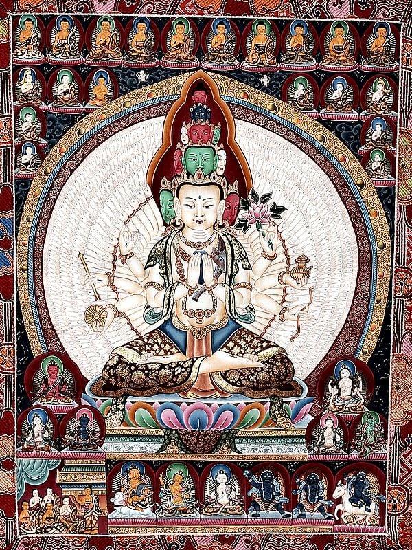 exotic india 48" x 32" Sitting Avalokiteshvara Sahasrabhuja with Buddhas | Handmade 