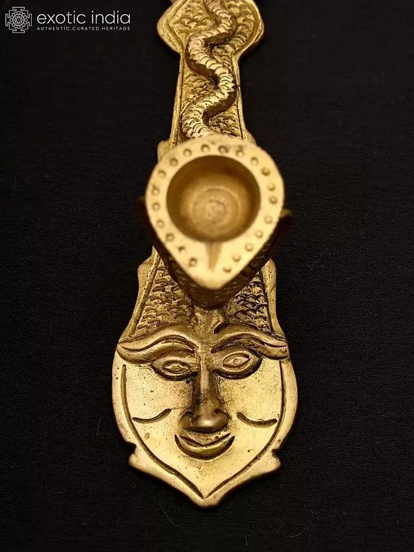 Exotic India 5" Brass Arti Diya/Oil Lamp With Sheshnag On Matsya Vishnu