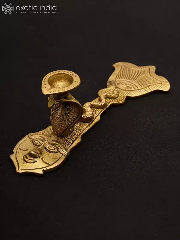 Exotic India 5" Brass Arti Diya/Oil Lamp With Sheshnag On Matsya Vishnu