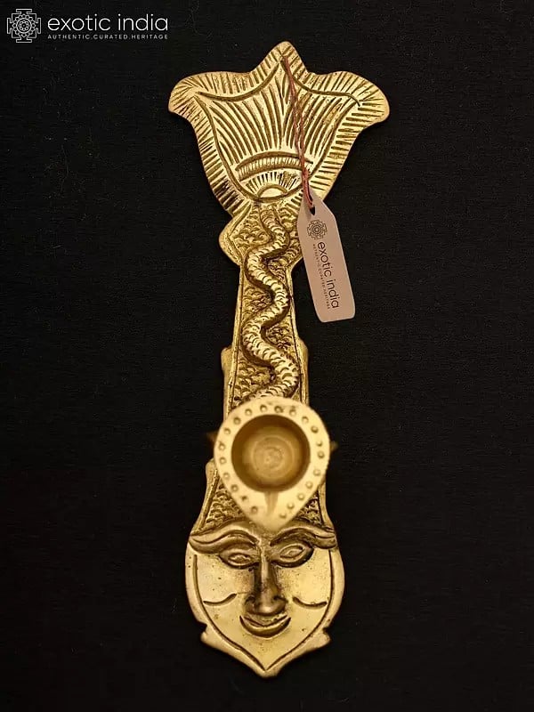 exotic india 5" Brass Arti Diya/Oil Lamp with Sheshnag on Matsya Vishnu 