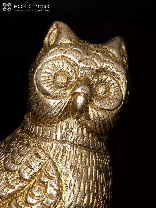 Exotic India 5" Decorative Brass Owl On Conch | Table Decor 