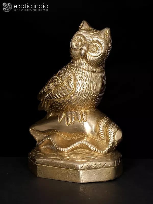 Exotic India 5" Decorative Brass Owl On Conch | Table Decor 