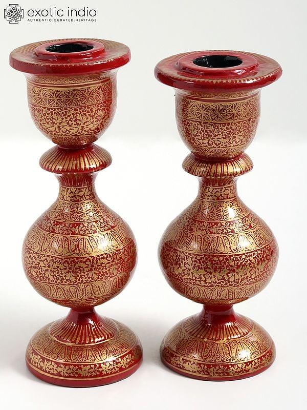 Exotic India 5" Pair Of Hand-Painted Papier Mache Candle Holder From Kashmir 