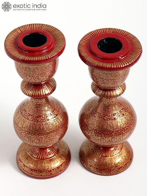 Exotic India 5" Pair Of Hand-Painted Papier Mache Candle Holder From Kashmir 