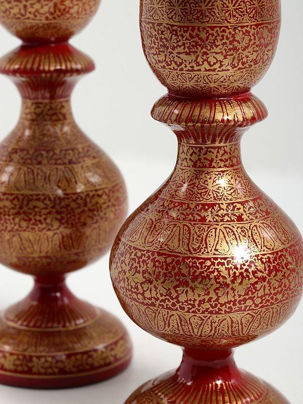 Exotic India 5" Pair Of Hand-Painted Papier Mache Candle Holder From Kashmir 