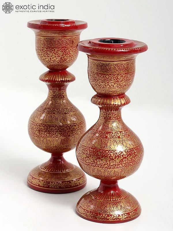 exotic india 5" Pair of Hand-Painted Papier Mache Candle Holder from Kashmir 