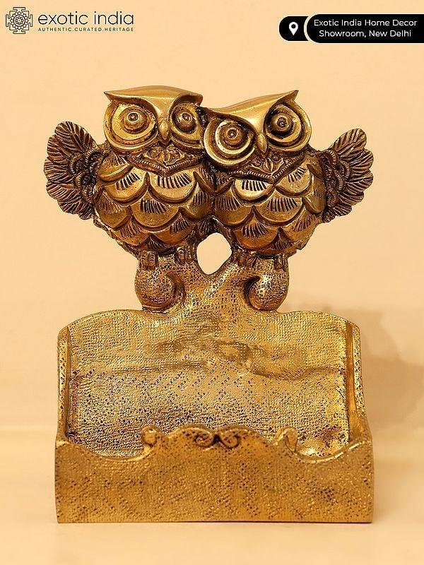 Exotic India 5" Pair Of Happy Owls Card Holder | Table Decor