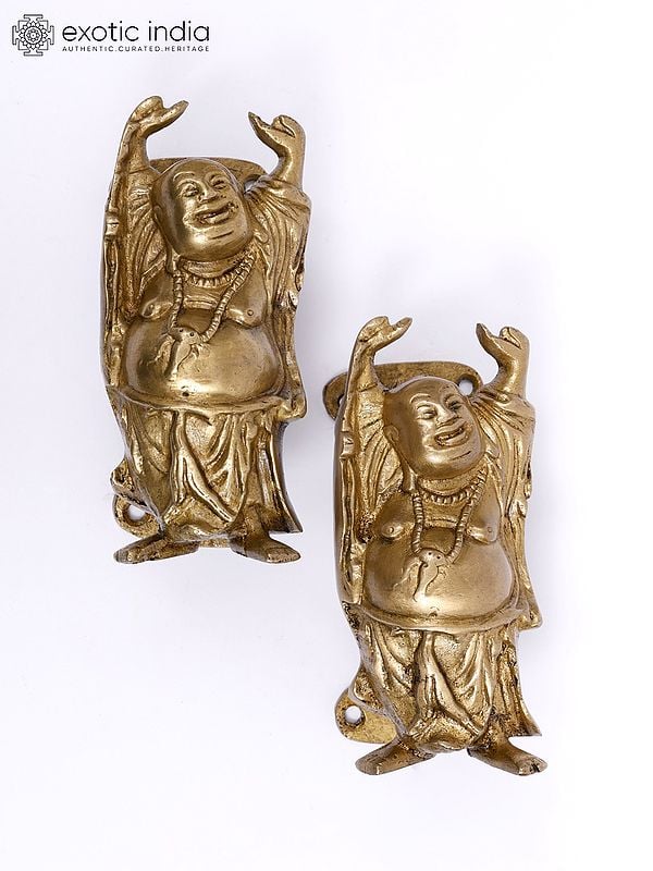 Exotic India 5" Pair Of Laughing Buddha Door Handles In Brass 