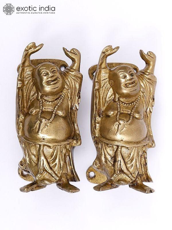 exotic india 5" Pair of Laughing Buddha Door Handles in Brass 