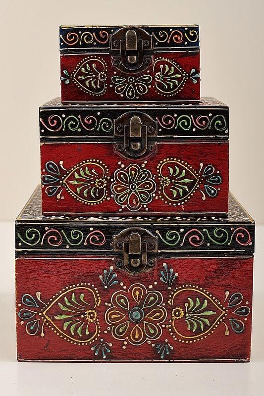 Exotic India 5" Set Of 3 Hand Painted Lattice Decorated Boxes | Handmade Mango Wood Boxes | Made In India 
