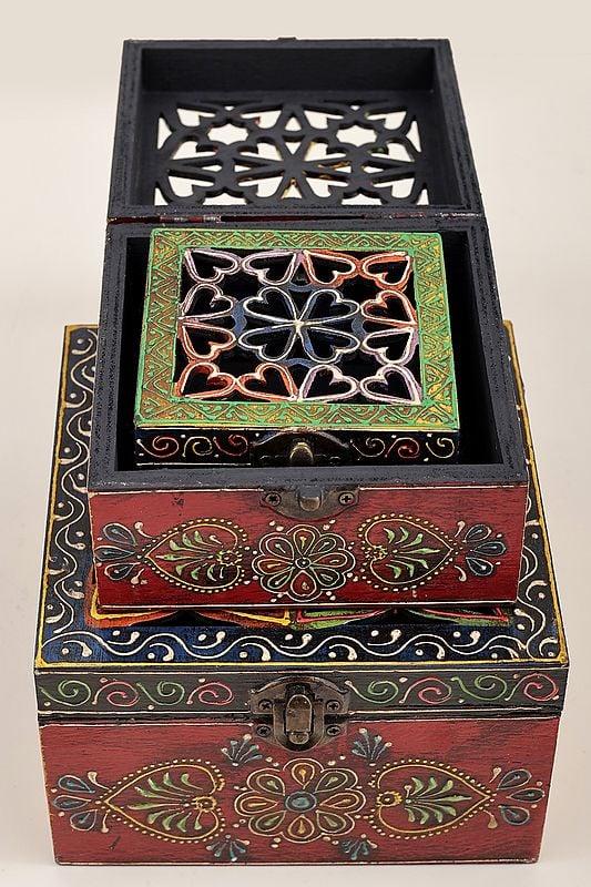 Exotic India 5" Set Of 3 Hand Painted Lattice Decorated Boxes | Handmade Mango Wood Boxes | Made In India 