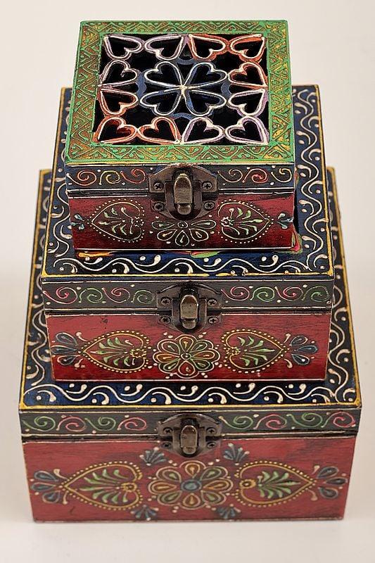 Exotic India 5" Set Of 3 Hand Painted Lattice Decorated Boxes | Handmade Mango Wood Boxes | Made In India 
