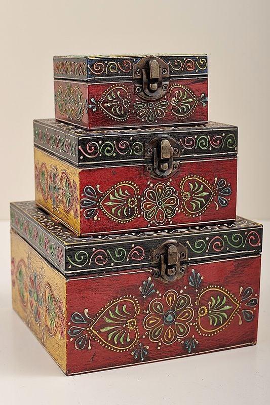 exotic india 5" Set of 3 Hand Painted Lattice Decorated Boxes | Handmade Mango Wood Boxes | Made in India
