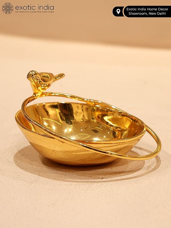 Exotic India 5" Small Beautiful Bird Bowl/Urli | Brass With Superfine 24 Karat Gold Plating