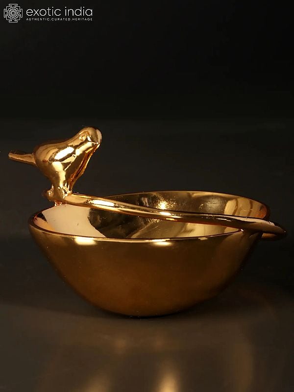 Exotic India 5" Small Beautiful Bird Bowl/Urli | Brass With Superfine 24 Karat Gold Plating
