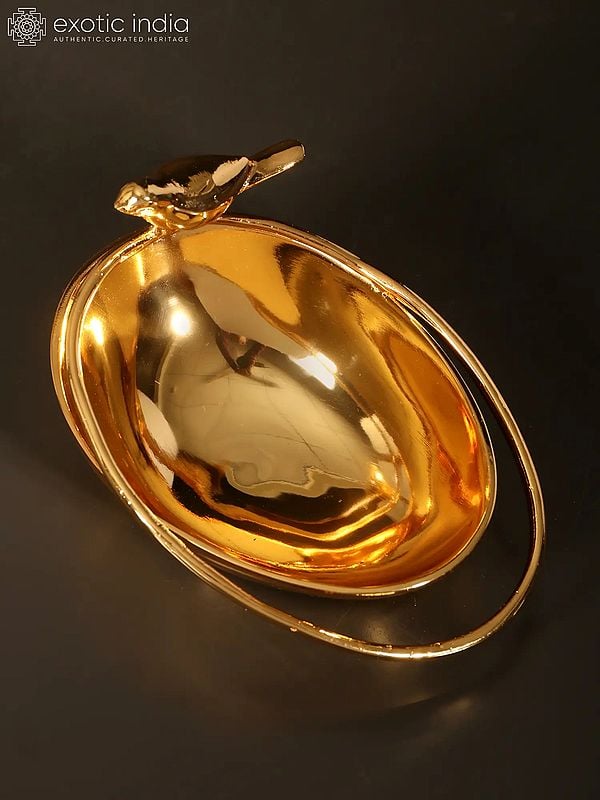 Exotic India 5" Small Beautiful Bird Bowl/Urli | Brass With Superfine 24 Karat Gold Plating