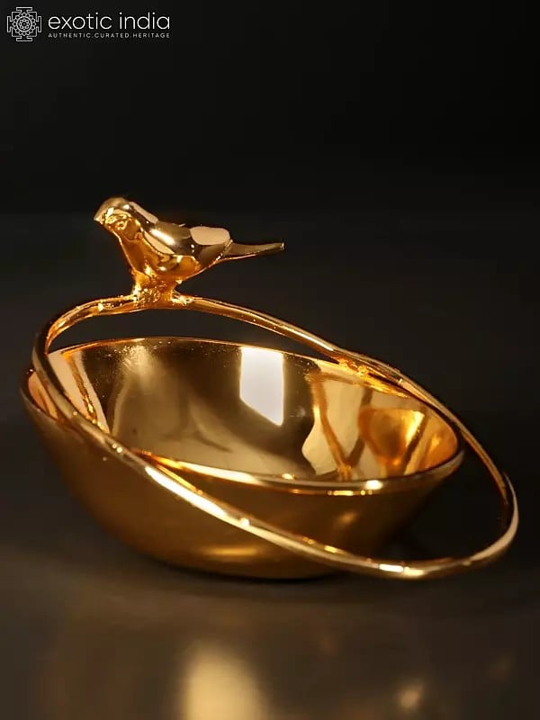 exotic india 5" Small Beautiful Bird Bowl/Urli | Brass with Superfine 24 Karat Gold Plating 
