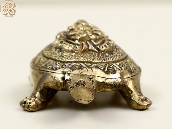 Exotic India 5" Small Brass Vastu Tortoise With Ganesha On Top | Handmade 