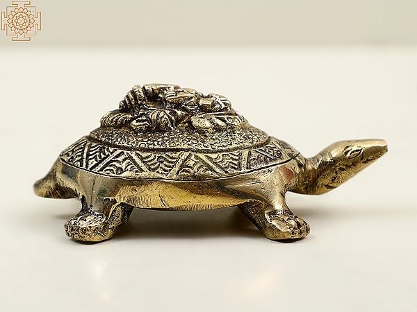 Exotic India 5" Small Brass Vastu Tortoise With Ganesha On Top | Handmade 