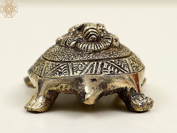 Exotic India 5" Small Brass Vastu Tortoise With Ganesha On Top | Handmade 