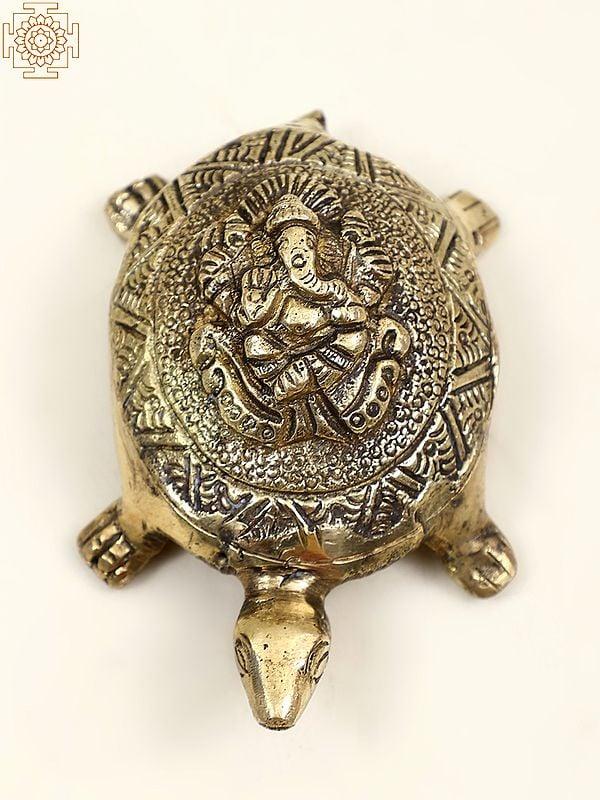 exotic india 5" Small Brass Vastu Tortoise with Ganesha on Top | Handmade 