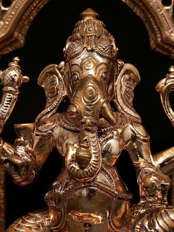 Exotic India 5" Small Chaturbhuja Lord Ganesha Seated On Kirtimukha Throne | Madhuchista Vidhana (Lost-Wax) | Panchaloha Bronze From Swamimalai 