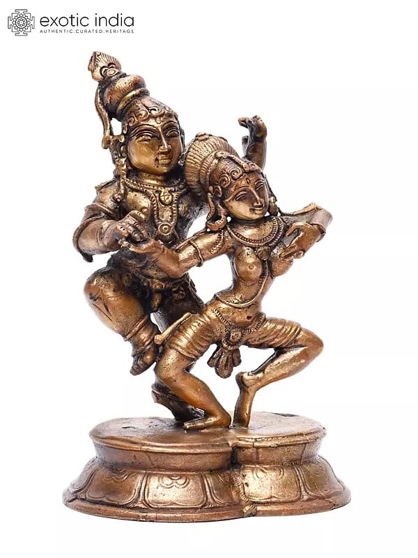 Exotic India 5" Small Dancing Radha Krishna | Copper Statue 