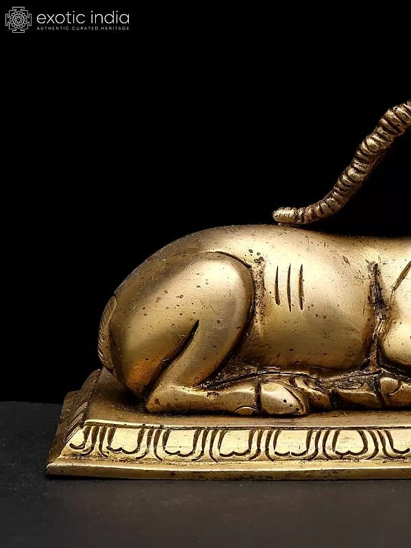 Exotic India 5" Small Decorative Brass Deer Statue Seated On Pedestal